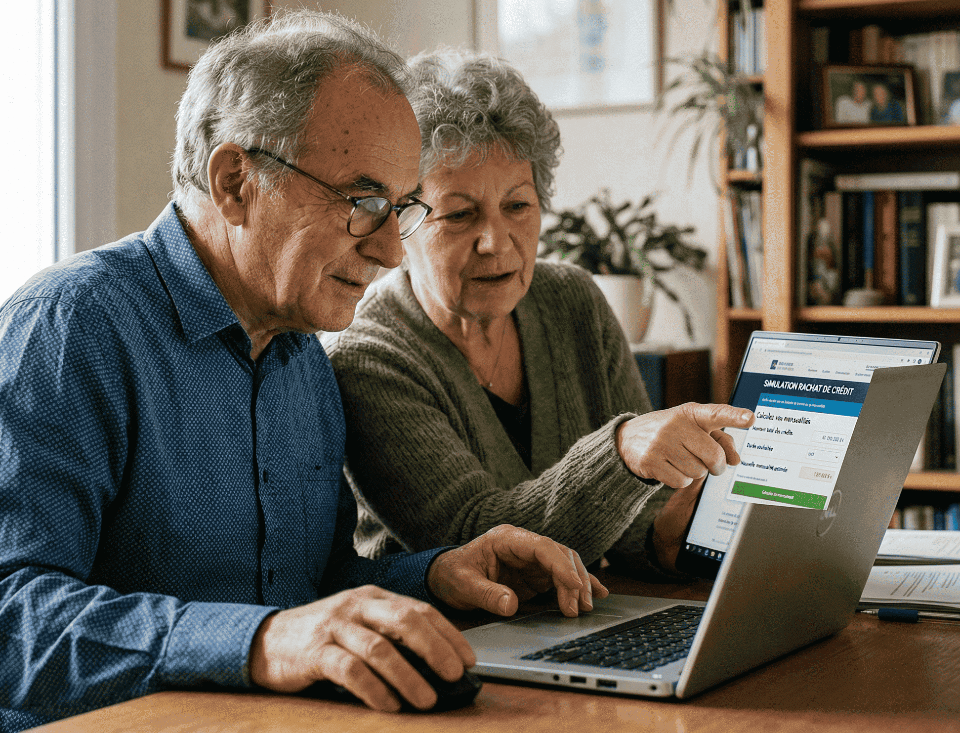 Couple senior utilisant un simulateur de rachat de crédit pour réduire ses mensualités