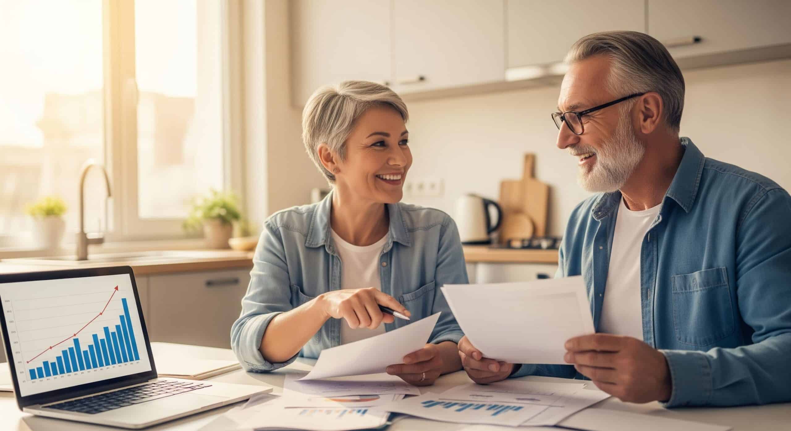 Couple senior utilisant un simulateur de prêt viager hypothécaire