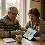 Un couple de seniors sereins consultant une tablette dans leur maison, illustrant le processus d'un rachat de crédit senior avec hypothèque pour stabiliser leur budget.