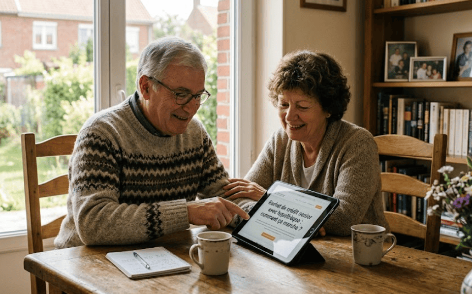 Un couple de seniors sereins consultant une tablette dans leur maison, illustrant le processus d'un rachat de crédit senior avec hypothèque pour stabiliser leur budget.