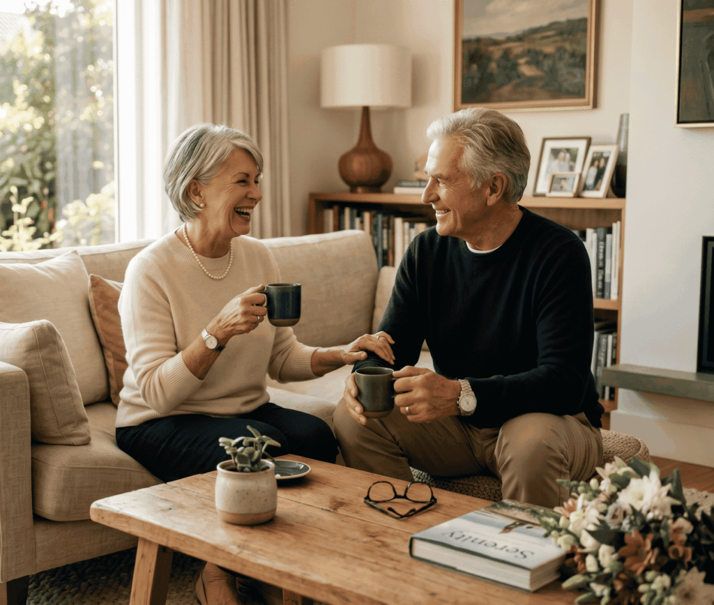 : Le prêt viager hypothécaire est une alternative pour les seniors propriétaires souhaitant compléter leurs revenus sans vendre leur bien. Cette photo de couple heureux dans leur foyer témoigne de la sérénité financière que cette solution peut apporter, permettant de maintenir son niveau de vie tout en restant chez soi.