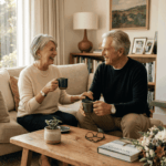 : Le prêt viager hypothécaire est une alternative pour les seniors propriétaires souhaitant compléter leurs revenus sans vendre leur bien. Cette photo de couple heureux dans leur foyer témoigne de la sérénité financière que cette solution peut apporter, permettant de maintenir son niveau de vie tout en restant chez soi.