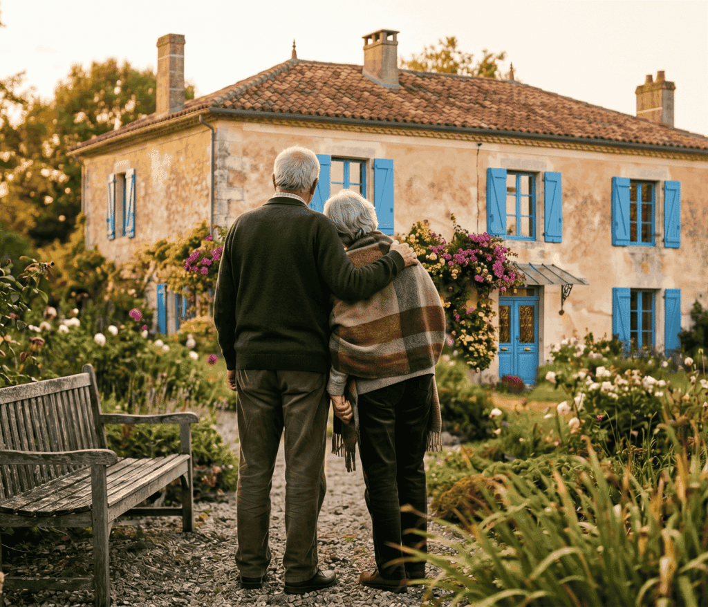 Un couple de personnes âgées, vu de dos, se tient bras dessus bras dessous dans un jardin en friche devant une grande maison de campagne française en pierre. L'homme porte un pull vert et la femme une couverture à carreaux. Le jardin est rempli de rosiers, de lavandes et d'autres plantes sauvages. Un banc en bois est visible au premier plan à gauche. La maison en arrière-plan a des volets bleus et une façade en pierre patinée. La scène est baignée par la lumière dorée du coucher de soleil.