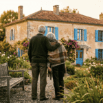 Un couple de personnes âgées, vu de dos, se tient bras dessus bras dessous dans un jardin en friche devant une grande maison de campagne française en pierre. L'homme porte un pull vert et la femme une couverture à carreaux. Le jardin est rempli de rosiers, de lavandes et d'autres plantes sauvages. Un banc en bois est visible au premier plan à gauche. La maison en arrière-plan a des volets bleus et une façade en pierre patinée. La scène est baignée par la lumière dorée du coucher de soleil.