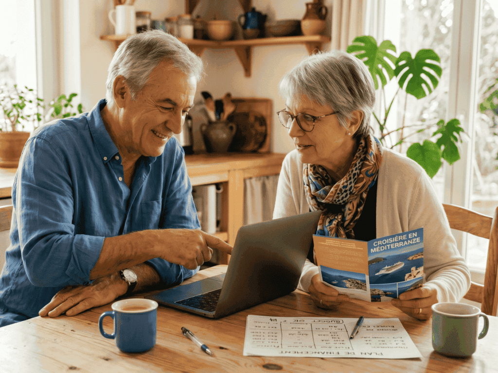Un couple de seniors souriants assis à une table en bois dans une cuisine lumineuse, planifiant une croisière en Méditerranée. L'homme pointe du doigt l'écran d'un ordinateur portable ouvert tandis que la femme tient une brochure de voyage. Sur la table, on voit un document intitulé "PLAN DE FINANCEMENT", des tasses à café et des stylos, illustrant un moment de financement d'un nouveau projet avec un rachat de crédit