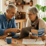 Un couple de seniors souriants assis à une table en bois dans une cuisine lumineuse, planifiant une croisière en Méditerranée. L'homme pointe du doigt l'écran d'un ordinateur portable ouvert tandis que la femme tient une brochure de voyage. Sur la table, on voit un document intitulé "PLAN DE FINANCEMENT", des tasses à café et des stylos, illustrant un moment de financement d'un nouveau projet avec un rachat de crédit