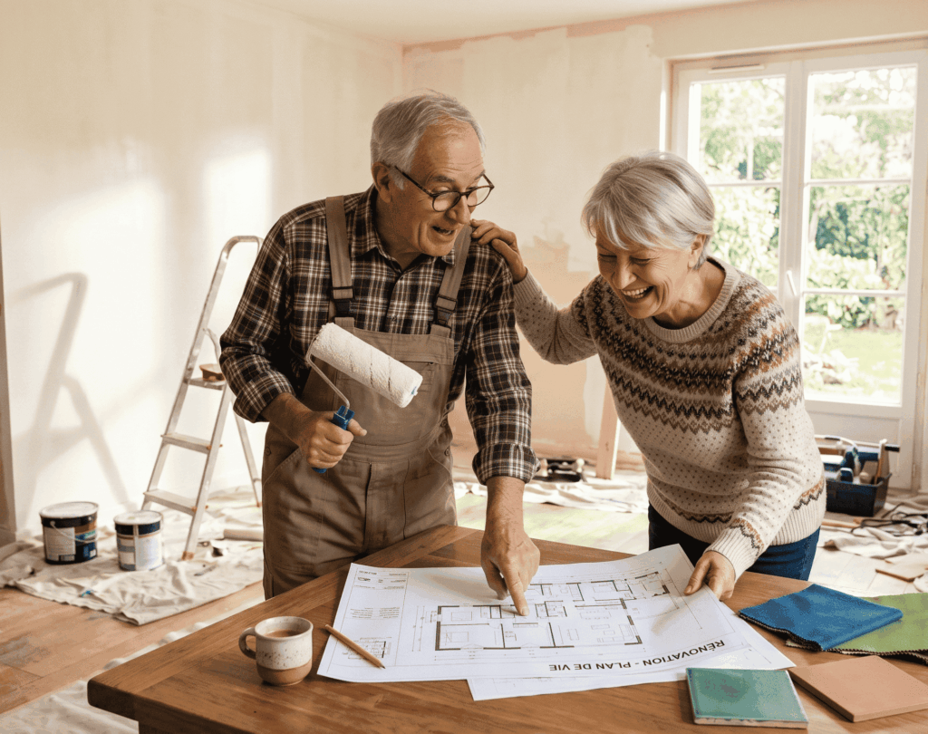 Une photo chaleureuse et lumineuse montre un couple de retraités souriants, en pleine discussion excitée autour de plans de rénovation dans leur maison en chantier. L'image respire la joie de vivre et l'accomplissement, symbolisant les projets de vie que l'on peut réaliser grâce à des solutions financières comme le prêt de trésorerie hypothécaire.