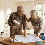Une photo chaleureuse et lumineuse montre un couple de retraités souriants, en pleine discussion excitée autour de plans de rénovation dans leur maison en chantier. L'image respire la joie de vivre et l'accomplissement, symbolisant les projets de vie que l'on peut réaliser grâce à des solutions financières comme le prêt de trésorerie hypothécaire.