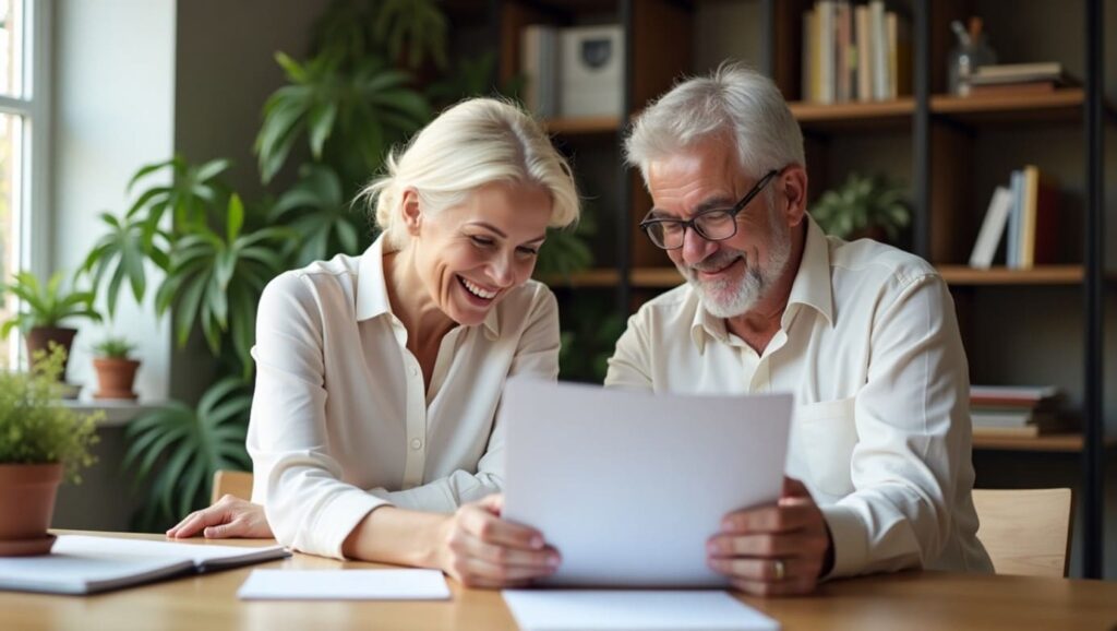 L'image montre deux personnes, une femme et un homme. Couple de retraités avec des cheveux clairs et gris respectivement, assis côte à côte à une table en bois. Ils sourient et semblent partager un moment agréable en regardant ensemble un document qu'ils tiennent. La femme, à gauche, porte une chemise blanche et rit. L'homme, à droite, porte une chemise claire et des lunettes, et sourit également. L'arrière-plan flou suggère un intérieur avec des plantes vertes et une étagère remplie de livres. La scène évoque la lecture d'un contrat de crédit pour retraités: une solution de financement pour les seniors.