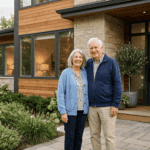 Une photographie montrant un couple de personnes âgées souriant chaleureusement et se tenant debout l'un à côté de l'autre à l'extérieur de leur maison moderne en banlieue.