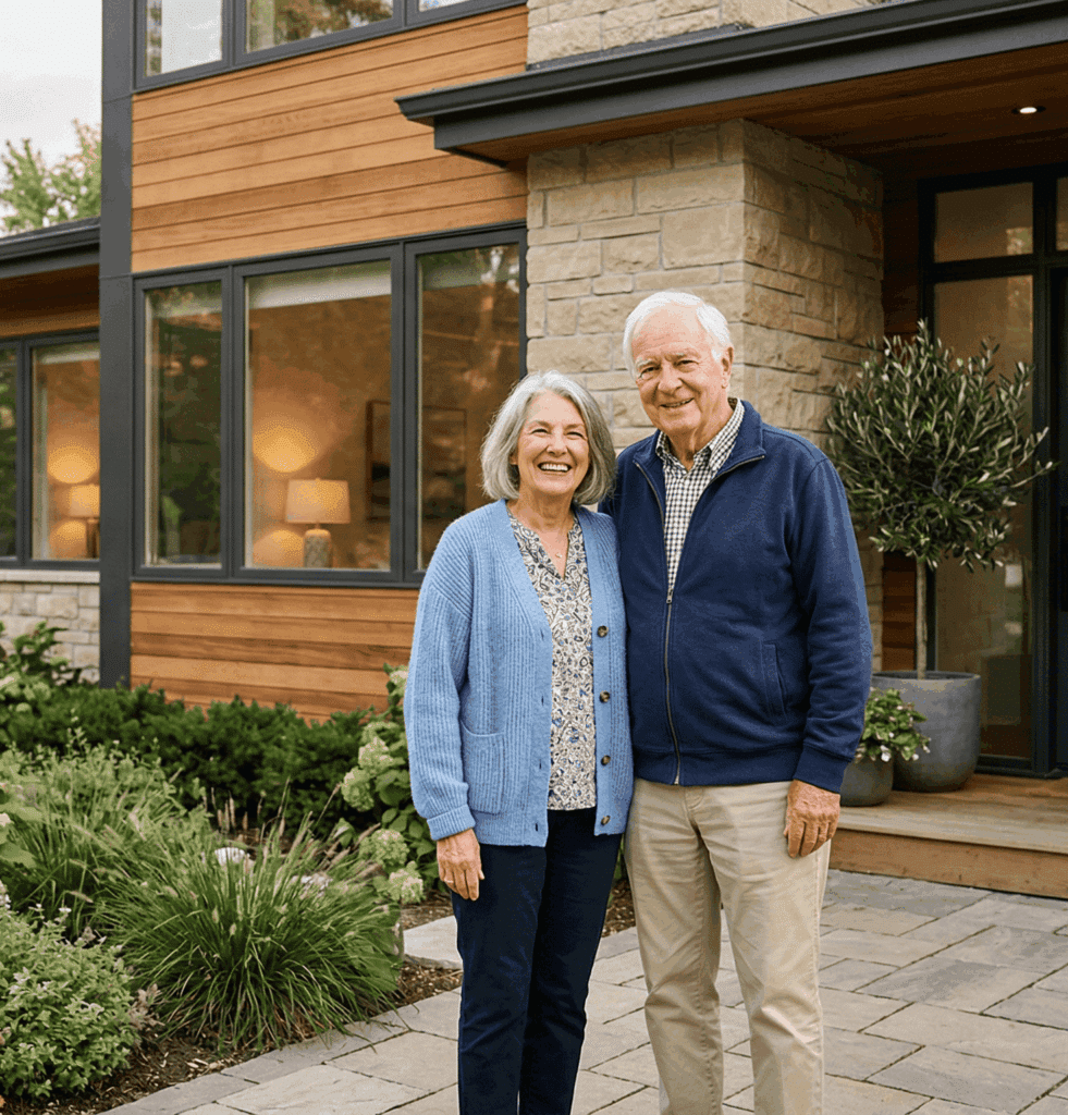 Une photographie montrant un couple de personnes âgées souriant chaleureusement et se tenant debout l'un à côté de l'autre à l'extérieur de leur maison moderne en banlieue.