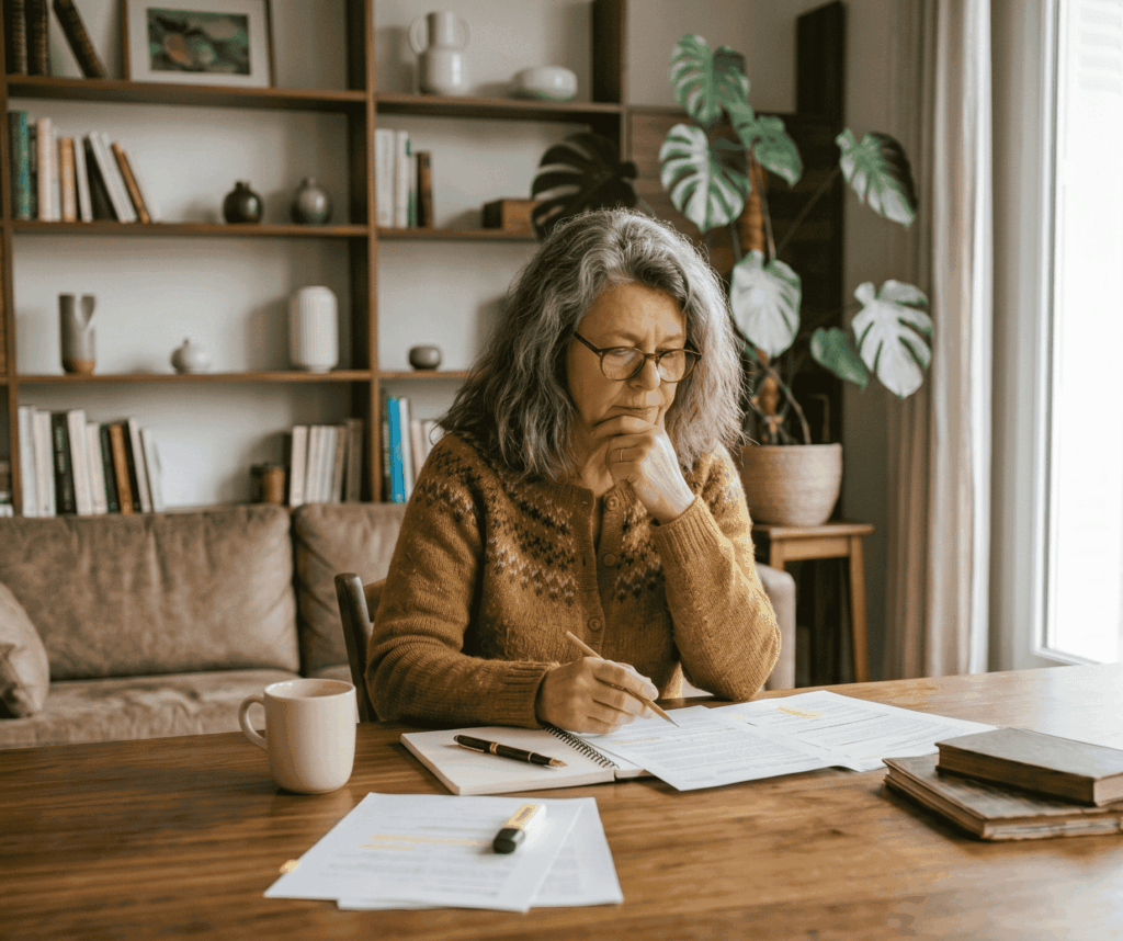 Une photographie montre une femme d'âge mûr aux longs cheveux gris ondulés et portant des lunettes, assise à une table en bois et se concentrant sur des documents.