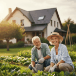 Un couple senior heureux et actif, souriant alors qu'ils jardinent devant leur jolie maison. Ils peuvent continuer à vivre dans leur maison tout en ayant financé leur projet avec un prêt viager hypothécaire.
