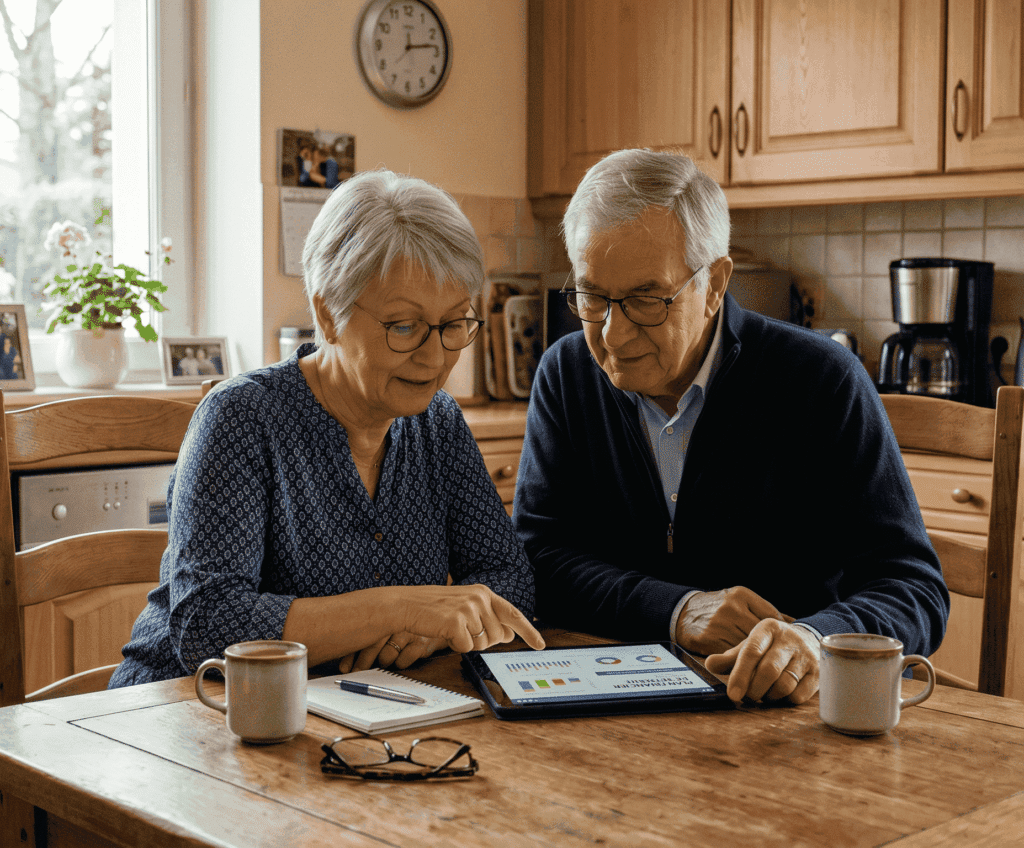 Une photo chaleureuse et lumineuse montre un couple de retraités assis à la table de la cuisine, absorbés par des documents financiers sur leur tablette. Ils semblent de bonne humeur et concentrés sur la gestion de leurs finances, ce qui pourrait inclure une planification minutieuse comme un prêt viager hypothécaire.