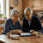 Une photo chaleureuse et lumineuse montre un couple de retraités assis à la table de la cuisine, absorbés par des documents financiers sur leur tablette. Ils semblent de bonne humeur et concentrés sur la gestion de leurs finances, ce qui pourrait inclure une planification minutieuse comme un prêt viager hypothécaire.