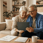 Un couple de personnes âgées, un homme avec des lunettes portant une chemise en jean et une femme portant un pull en laine, sont assis sur un canapé dans un salon lumineux. Ils regardent une tablette et sourient tous les deux. Sur la table basse devant eux se trouvent des documents, un stylo et une tasse de café.