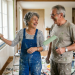 Un couple de retraités heureux, riant aux éclats pendant qu'ils rénovent leur maison ensemble. La femme, portant une salopette en denim tachée de peinture, utilise un pinceau pour appliquer de la peinture verte sur un mur partiellement peint. L'homme, avec des lunettes et des taches de peinture sur le visage, tient un rouleau à peinture. Ils se tiennent sur un sol jonché de fournitures de peinture, y compris des boîtes et des seaux, dans un salon spacieux et lumineux avec des poutres en bois exposées.