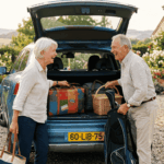 un couple de seniors, rayonnants de joie, chargeant leur voiture pour un grand départ, symbolisant la liberté financière retrouvée grâce au rachat de crédit.