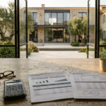 Prêt hypothécaire senior en 2026 : documents financiers et maison contemporaine illustrant les taux et le financement patrimonial.