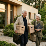 Couple senior quittant une maison contemporaine après une vente suite à un prêt viager hypothécaire avec dossier immobilier et cartons de déménagement.