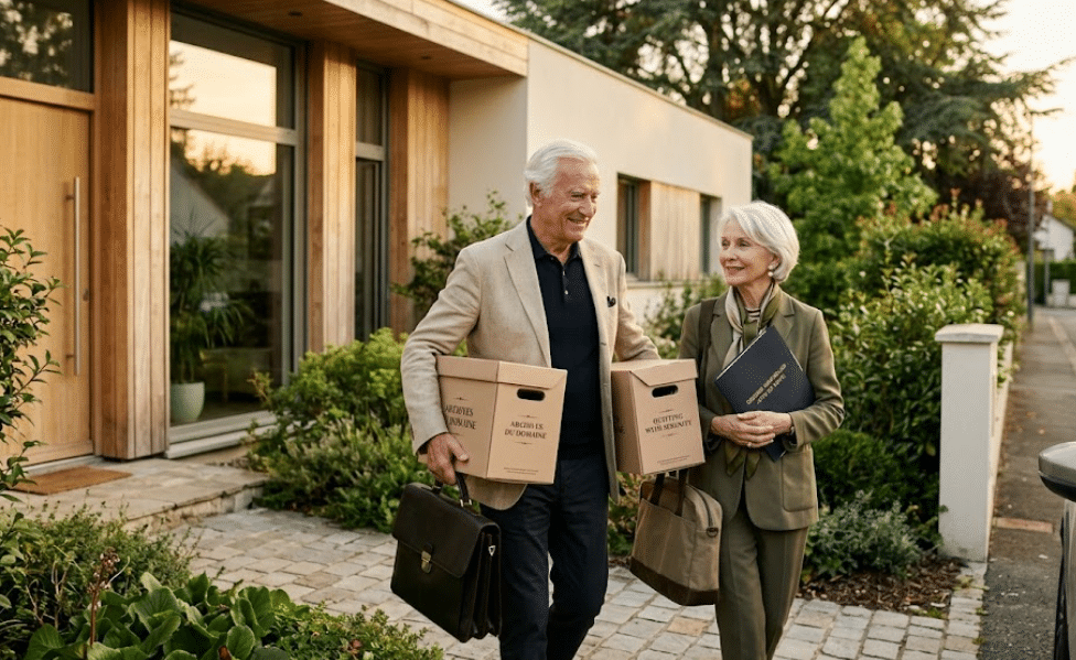 Couple senior quittant une maison contemporaine après une vente suite à un prêt viager hypothécaire avec dossier immobilier et cartons de déménagement.