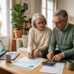 Couple senior analysant le coût d’un rachat de crédit senior avec documents financiers et calculatrice dans un salon contemporain lumineux.