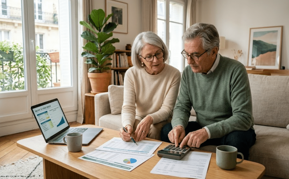 Couple senior analysant le coût d’un rachat de crédit senior avec documents financiers et calculatrice dans un salon contemporain lumineux.