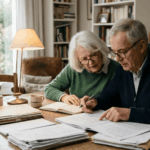 Un couple de seniors étudie des documents financiers pour comparer le viager, le prêt viager hypothécaire et le prêt hypothécaire classique dans leur salon. Assis à une table en bois, ils analysent les options de crédit avec sérieux pour gérer leur patrimoine immobilier en toute autonomie.