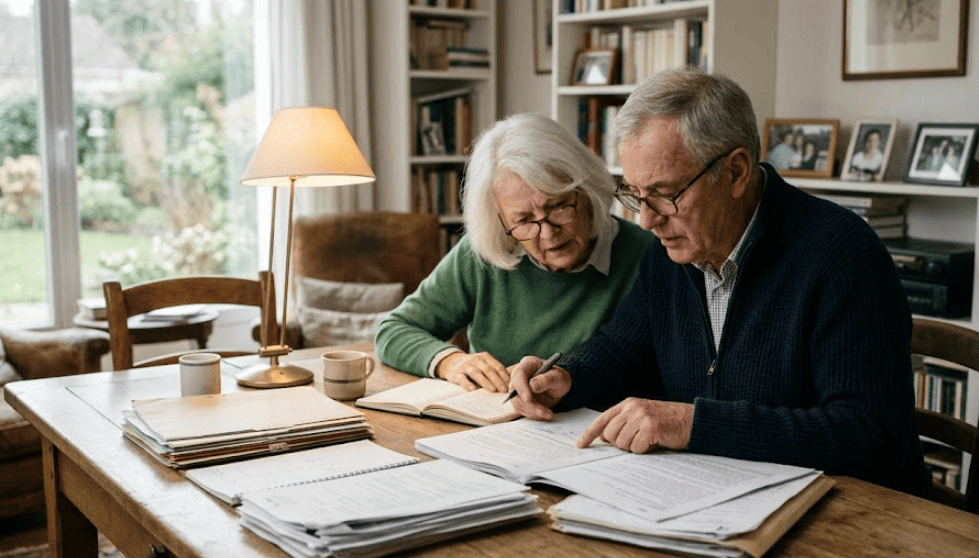 Un couple de seniors étudie des documents financiers pour comparer le viager, le prêt viager hypothécaire et le prêt hypothécaire classique dans leur salon. Assis à une table en bois, ils analysent les options de crédit avec sérieux pour gérer leur patrimoine immobilier en toute autonomie.
