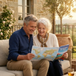 Un couple de retraités épanouis, assis sur une terrasse, regarde ensemble une brochure de voyage intitulée « Destinations de Rêve ».