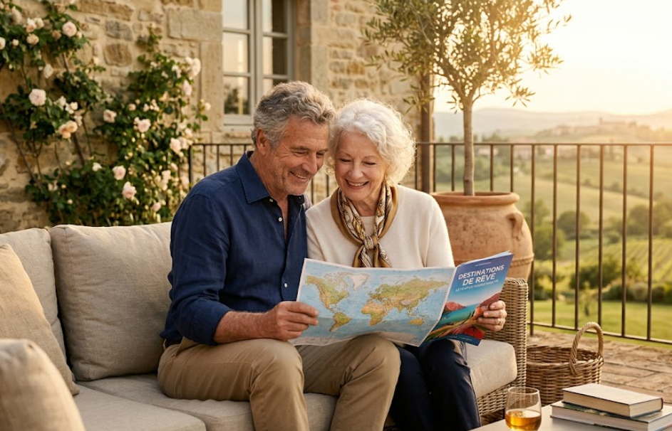 Un couple de retraités épanouis, assis sur une terrasse, regarde ensemble une brochure de voyage intitulée « Destinations de Rêve ».