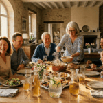 Une famille nombreuse et intergénérationnelle se réunit joyeusement autour d'une longue table en bois pour un repas commun dans une salle à manger rustique et ensoleillée. L'image illustre le sujet du prêt viager hypothécaire et des héritiers