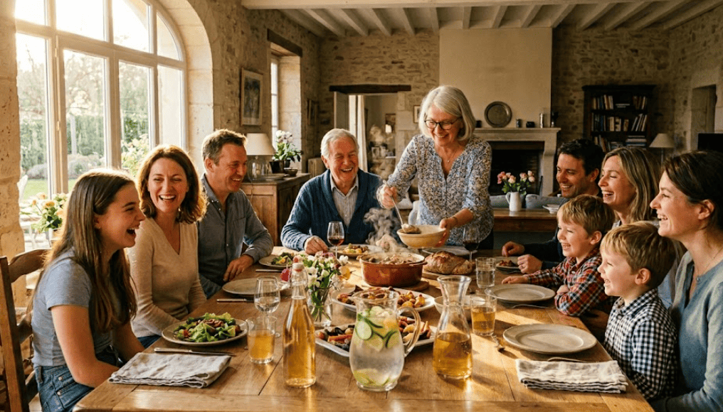 Une famille nombreuse et intergénérationnelle se réunit joyeusement autour d'une longue table en bois pour un repas commun dans une salle à manger rustique et ensoleillée. L'image illustre le sujet du prêt viager hypothécaire et des héritiers