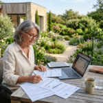 Femme retraitée, installée à sa terrasse. Elle étudie des documents étudiant la pertinence d'une assurance décès dans le cadre d'un prêt hypothécaire.