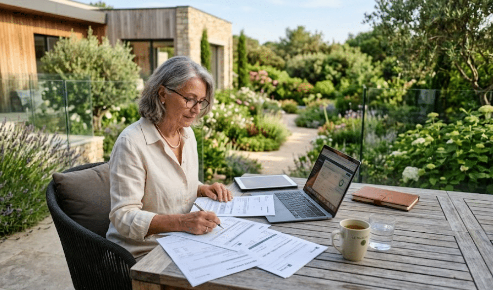 Femme retraitée, installée à sa terrasse. Elle étudie des documents étudiant la pertinence d'une assurance décès dans le cadre d'un prêt hypothécaire.