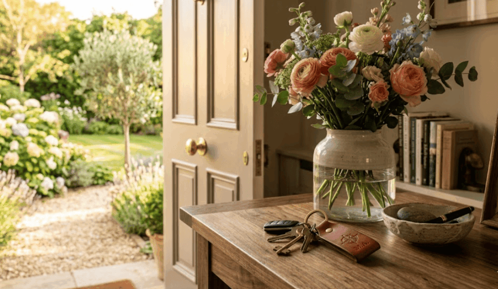 Un bouquet de fleurs printanières dans un vase en verre et un jeu de clés de maison avec un porte-clés en cuir gravé reposent sur une console en bois dans l'entrée d'une maison accueillante. En arrière-plan, une porte ouverte donne sur un jardin ensoleillé.