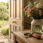 Un bouquet de fleurs printanières dans un vase en verre et un jeu de clés de maison avec un porte-clés en cuir gravé reposent sur une console en bois dans l'entrée d'une maison accueillante. En arrière-plan, une porte ouverte donne sur un jardin ensoleillé.