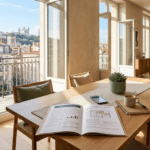 Appartement moderne lumineux avec dossier immobilier ouvert illustrant une hypothèque sur un appartement locatif.
