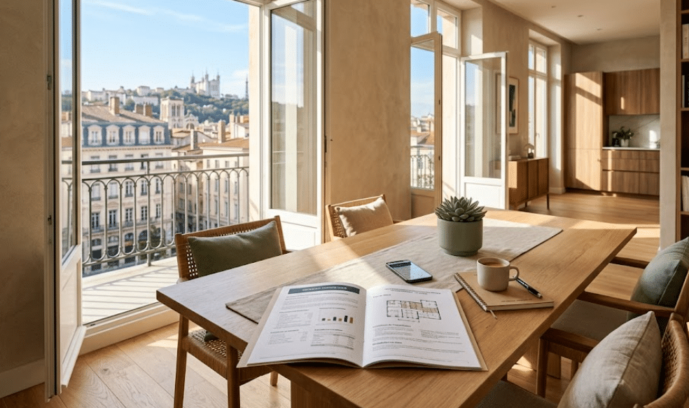 Appartement moderne lumineux avec dossier immobilier ouvert illustrant une hypothèque sur un appartement locatif.