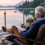 Un homme aux cheveux gris, âgé de 75 ans et vêtu de manière élégante, est assis confortablement dans un fauteuil en cuir sur la terrasse de sa maison de vacances. Il tient un carnet de croquis et un stylo sur ses genoux et regarde avec sérénité un lac paisible entouré de montagnes au lever du soleil. L’ambiance est calme et détendue, évoquant une retraite bien gérée.