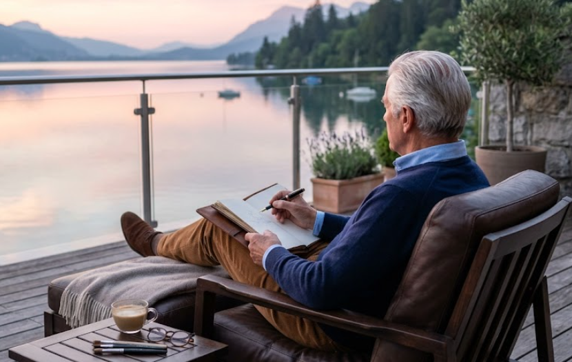 Un homme aux cheveux gris, âgé de 75 ans et vêtu de manière élégante, est assis confortablement dans un fauteuil en cuir sur la terrasse de sa maison de vacances. Il tient un carnet de croquis et un stylo sur ses genoux et regarde avec sérénité un lac paisible entouré de montagnes au lever du soleil. L’ambiance est calme et détendue, évoquant une retraite bien gérée.