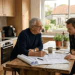 Un homme âgé de 65-70 ans, aux cheveux gris et portant des lunettes, est assis à un îlot central en bois dans une cuisine moderne. Il sourit chaleureusement et pointe un stylo vers des plans d'architecte déployés devant son fils adulte. Son fils, un homme plus jeune portant une chemise à carreaux, l'écoute attentivement. La cuisine est lumineuse et dispose d'armoires en bois clair et d'appareils en acier inoxydable. À travers une grande fenêtre derrière eux, on voit une maison de campagne en briques et en pierres au milieu d'un jardin ensoleillé. Ils planifient les travaux après avoir financer une trésorerie avec son regroupement de crédit après 65 ans avec hypothèque.