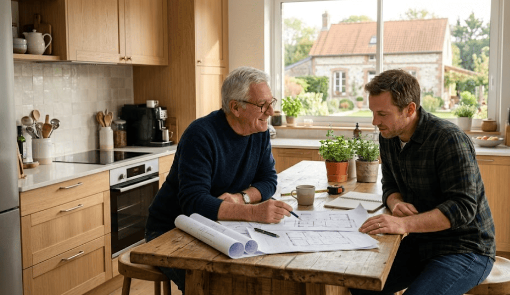 Un homme âgé de 65-70 ans, aux cheveux gris et portant des lunettes, est assis à un îlot central en bois dans une cuisine moderne. Il sourit chaleureusement et pointe un stylo vers des plans d'architecte déployés devant son fils adulte. Son fils, un homme plus jeune portant une chemise à carreaux, l'écoute attentivement. La cuisine est lumineuse et dispose d'armoires en bois clair et d'appareils en acier inoxydable. À travers une grande fenêtre derrière eux, on voit une maison de campagne en briques et en pierres au milieu d'un jardin ensoleillé. Ils planifient les travaux après avoir financer une trésorerie avec son regroupement de crédit après 65 ans avec hypothèque.