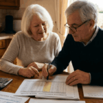 Un couple de retraités analyse un échéancier de remboursement dans leur cuisine pour baisser leurs mensualités de crédit. L'image montre un homme et une femme seniors utilisant une calculatrice et des documents financiers pour ajuster leur budget après une baisse de revenus à la retraite