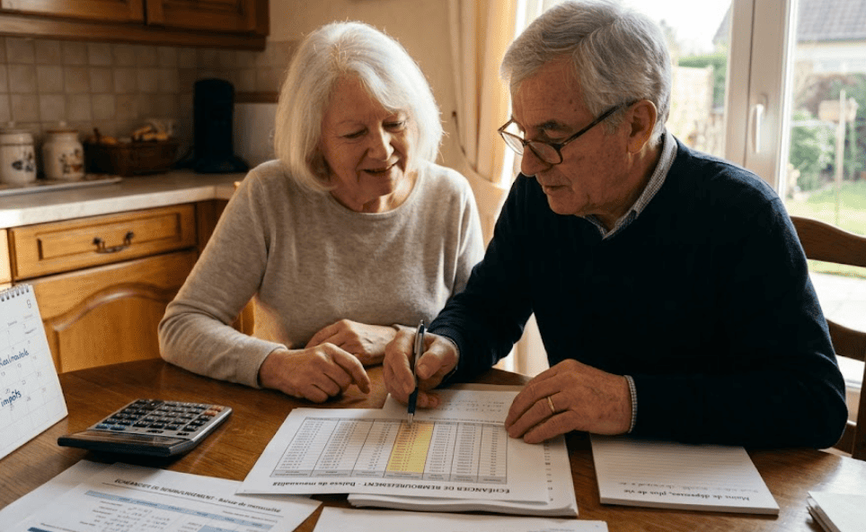 Un couple de retraités analyse un échéancier de remboursement dans leur cuisine pour baisser leurs mensualités de crédit. L'image montre un homme et une femme seniors utilisant une calculatrice et des documents financiers pour ajuster leur budget après une baisse de revenus à la retraite