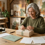 Femme senior préparant un colis et des documents dans un atelier lumineux, illustrant le soutien financier familial après la retraite et l'aide aux enfants