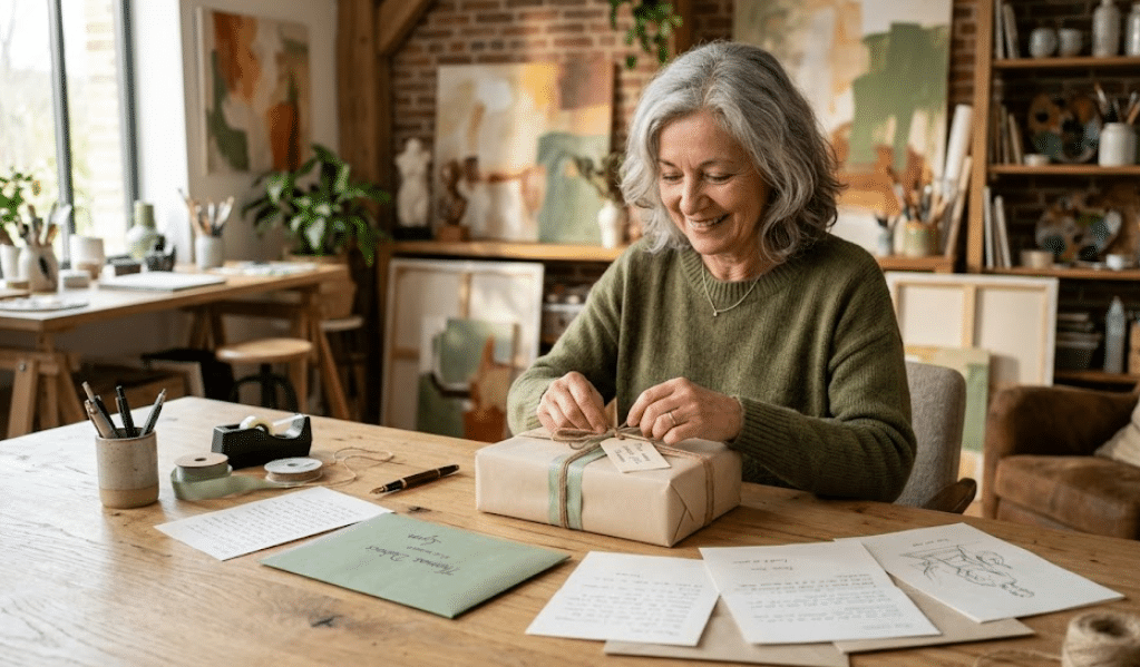 Femme senior préparant un colis et des documents dans un atelier lumineux, illustrant le soutien financier familial après la retraite et l'aide aux enfants