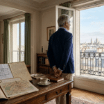 Combien peut-on emprunter en prêt viager hypothécaire : senior regardant Paris depuis un appartement haussmannien avec documents patrimoniaux.