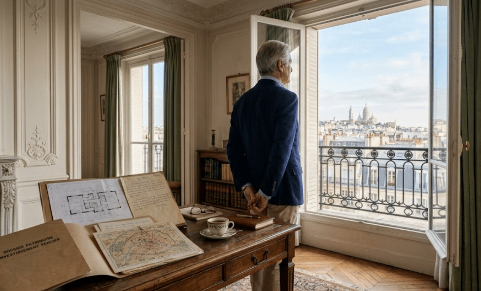 Combien peut-on emprunter en prêt viager hypothécaire : senior regardant Paris depuis un appartement haussmannien avec documents patrimoniaux.