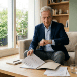 Senior consultant sa montre devant des documents de prêt hypothécaire de trésorerie dans un salon contemporain lumineux.